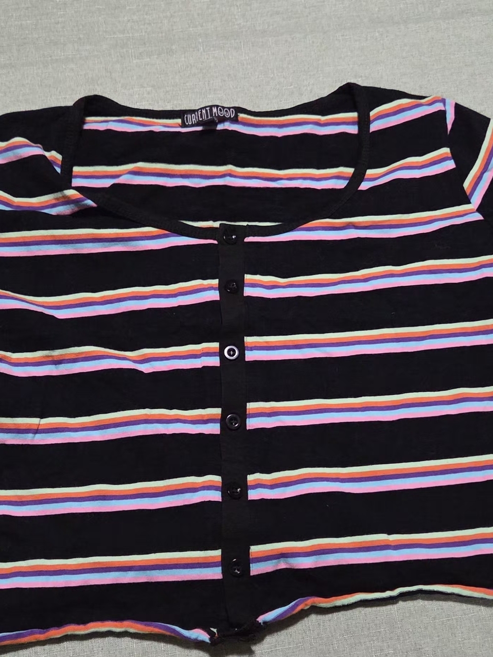 Current Mood Black Short-Sleeve Striped Henley Top
